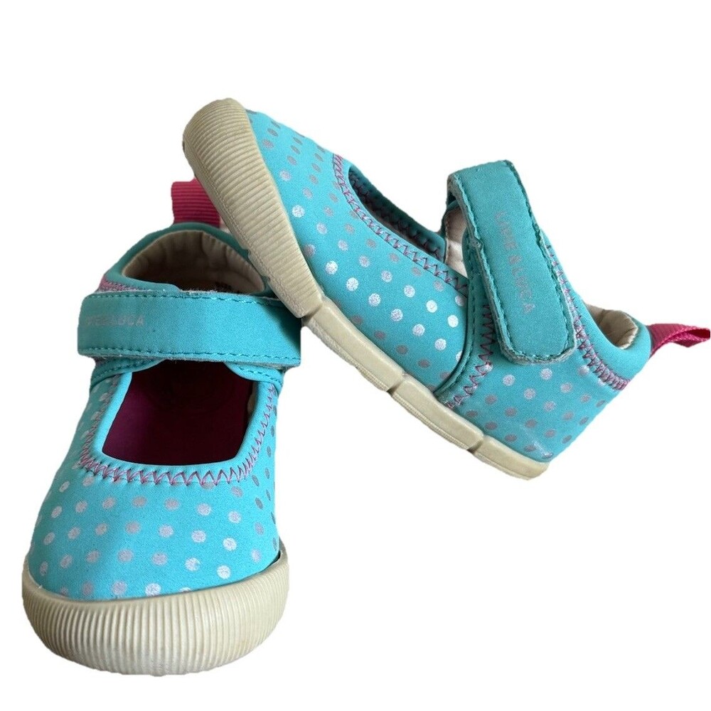 Livie & Luca Girl's Versy Aqua Polka Dot Mary Jane Active Shoes Size 4M